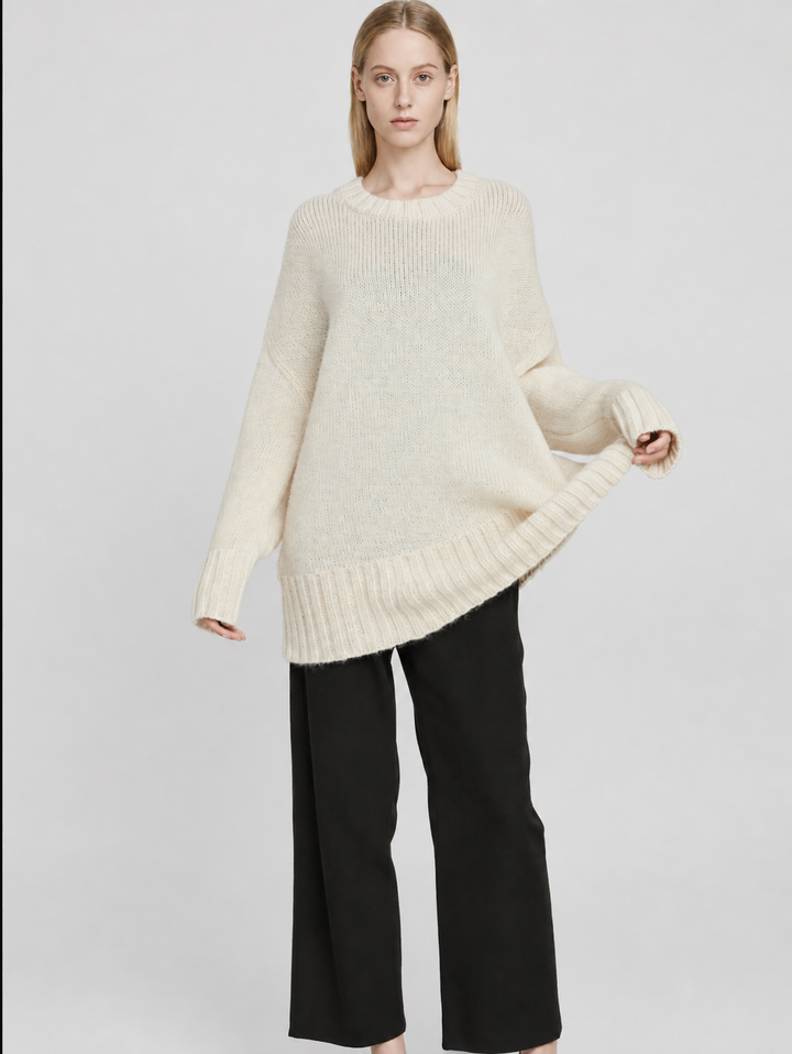 Sweter Oversize z Grubej Dzianiny Kremowy